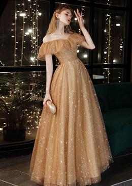 Picture of Off Shoulder Champagne Tulle Long Party Dresses, A-line Lace-up Evening Gown